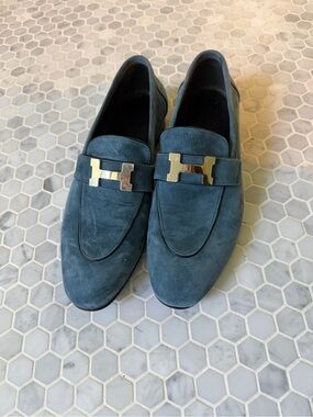 Women’s Hermes Suede Loafers with Metal Accent - Teal